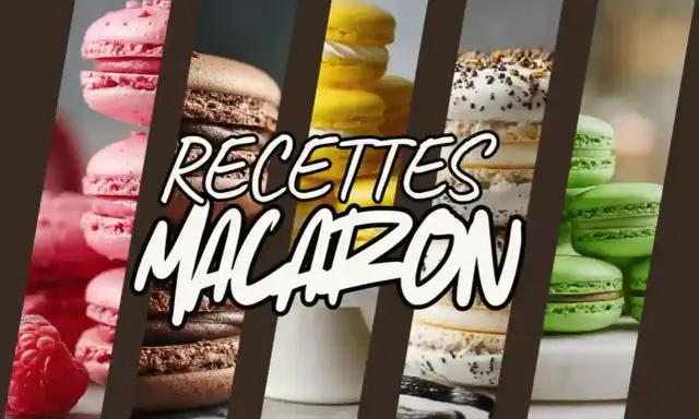 Des macarons roses, bruns, jaunes, blancs et verts empilés. Le texte "Recettes Macaron" est superposé.
