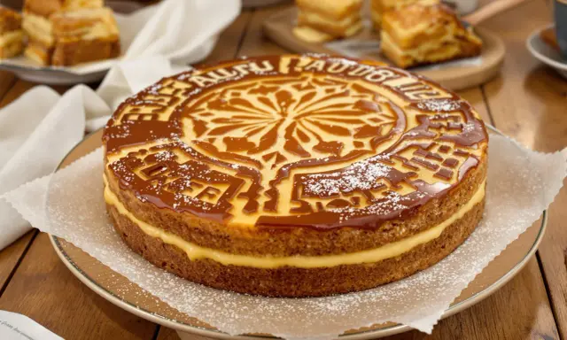 Un délicieux gâteau basque à la crème pâtissière, nappé de caramel et saupoudré de sucre glace.