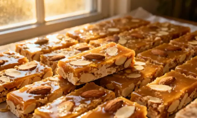 Des barres de nougatine aux amandes, dorées et brillantes, disposées près d'une fenêtre ensoleillée.