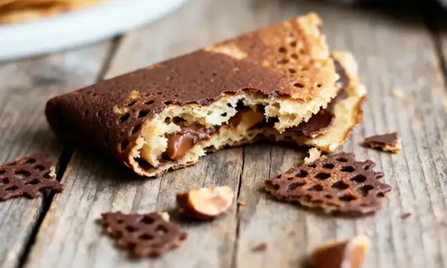 Un biscuit croquant au chocolat, garni de crème onctueuse, repose sur un fond de bois rustique. Des éclats de chocolat et des noisettes complètent cette gourmandise.