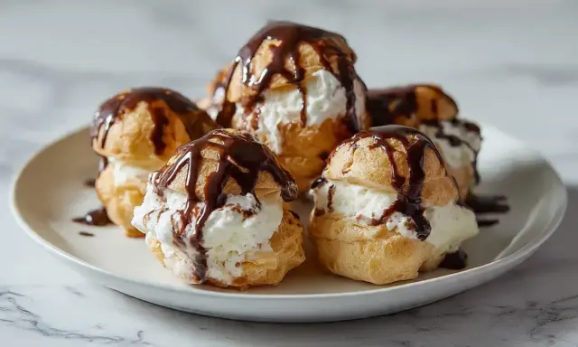 Des profiteroles gourmands, des petites boules de pâte à choux garnies de crème fouettée et nappées de chocolat noir fondant.
