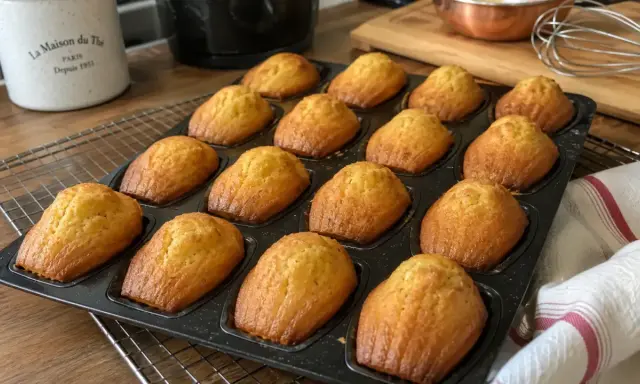 Une plaque de madeleines dorées sortant du four. Parfait pour une recette madeleines facile et gourmande.