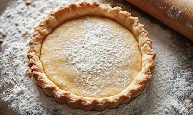 Tarte à la pâte feuilletée cuite à blanc, saupoudrée de sucre glace. Le temps de cuisson est parfait pour cette croûte dorée.