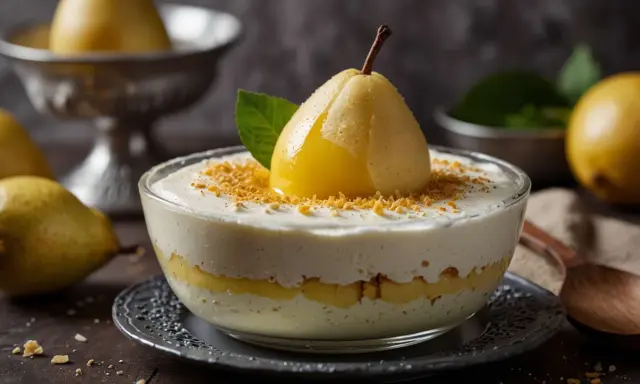 Délicieuse mousse à la poire sans gélatine, garnie d'une poire pochée et de miettes croustillantes. Un dessert léger et fruité.
