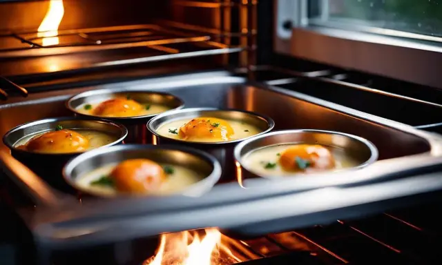 Cinq ramequins avec des œufs pochés dans un bain-marie au four, la flamme du four visible en bas.