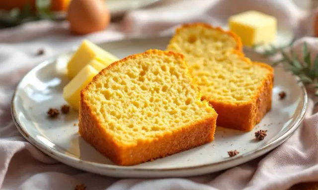 Deux tranches de gâteau quatre quart moelleux sur une assiette, accompagnées de bâtonnets de beurre et d'une pincée d'épices.