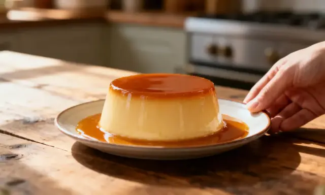 Un délicieux crème caramel, nappé de son coulis ambré, est servi sur une assiette. Une main s'approche pour le saisir.