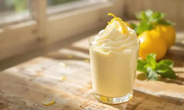 Délicieuse mousse au citron, légère et aérienne, garnie de zestes jaunes vifs. Des citrons et de la menthe fraîche en arrière-plan.