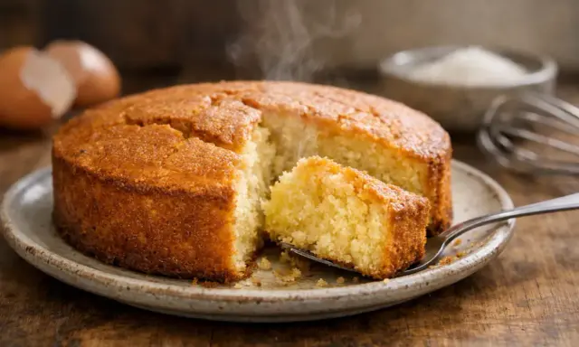Un délicieux gâteau fait maison, probablement avec 4 œufs, dégage de la vapeur. Une part est coupée et prête à être dégustée.