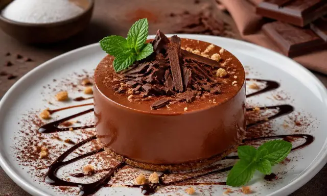 Un délicieux gâteau au chocolat, garni de copeaux de chocolat et de menthe fraîche. Le fond de gateau est parfait pour une dégustation gourmande.