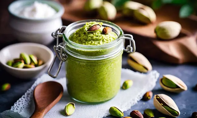 Un pot de praliné pistache maison, garni de pistaches, prêt à être dégusté. Une recette gourmande à découvrir.