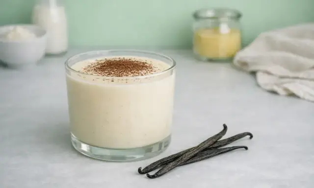 Un verre de crémeux vanille Michalak, saupoudré de cacao, avec des gousses de vanille.