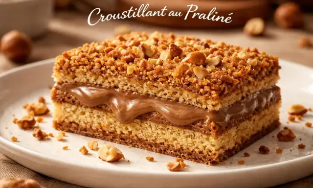 Gâteau moelleux garni d'une crème onctueuse et recouvert d'un **croustillant praliné** aux noisettes.