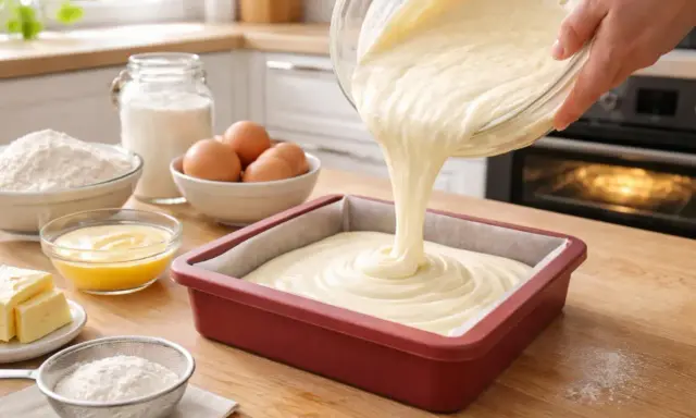 Verser une pâte onctueuse, un fondant blanc, dans un moule à gâteau. Ingrédients de pâtisserie disposés autour.