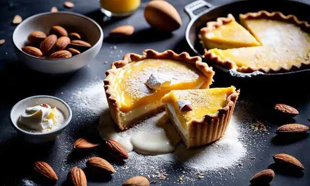 Tartes au citron et amandes, garnies de sucre glace. Le temps de cuisson pâte sablée à blanc est parfait pour cette texture dorée.