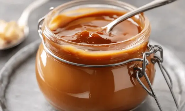 Un pot de caramel beurre salé avec une cuillère. Ce délice onctueux, fait avec du beurre doux, invite à la gourmandise.