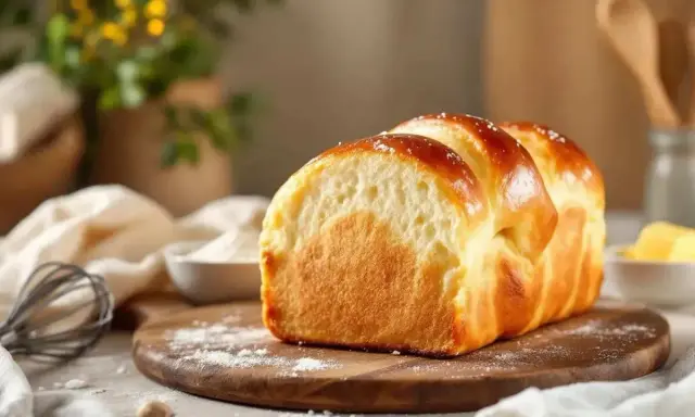 Pain brioché doré, résultat d'une fabrication de levure de boulanger réussie. Farine, fouet et beurre à proximité.