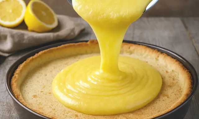 Une crème aux citrons onctueuse est versée dans une tarte. Des citrons coupés en deux sont visibles en arrière-plan.
