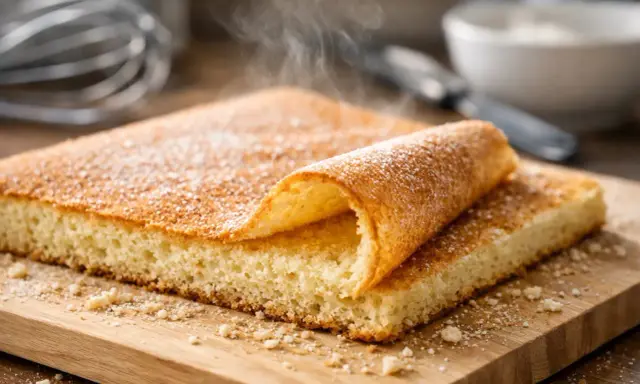 Biscuit Joconde moelleux, saupoudré de sucre glace. Parfait pour une recette biscuit Joconde facile et rapide.