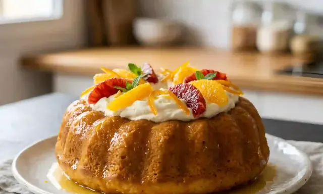 Savoureux savarin recette, garni de crème fouettée et d'agrumes frais. Un délice visuel et gustatif.