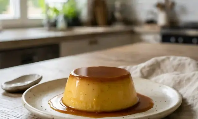 Un délicieux flan aux œufs, nappé de caramel, repose sur une assiette en céramique. Un petit ramequin vide est à côté.