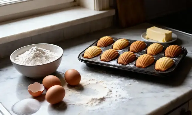 Plateau de biscuits madeleines dorées, prêts pour un entremet. Ingrédients à proximité : farine, œufs, sucre, beurre.
