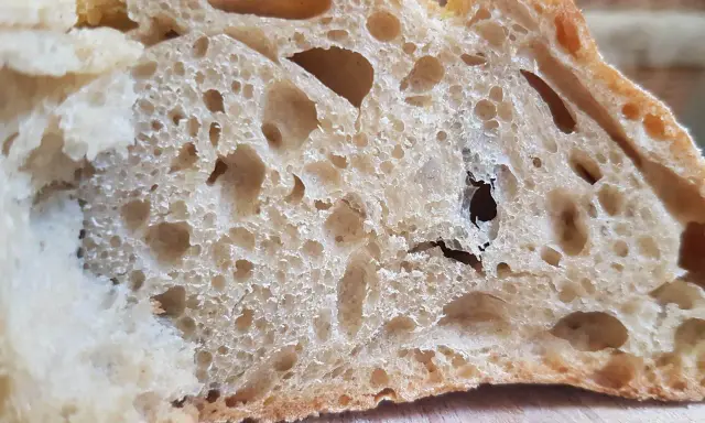 Gros trous dans le pain : astuces pour les éviter. La mie aérée et irrégulière d'une tranche de pain au levain.
