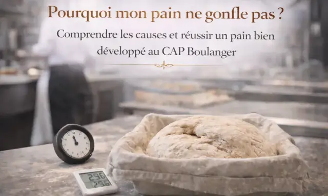 Pâte à pain dans un banneton, thermomètre et minuteur. Le texte interroge : pourquoi mon pain ne gonfle pas ?