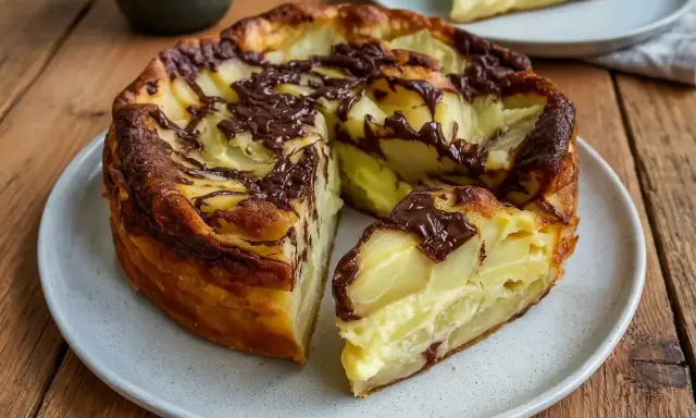 Un clafoutis aux pommes et chocolat, une recette clafoutis moelleux qui invite à la gourmandise. Une part est déjà servie.