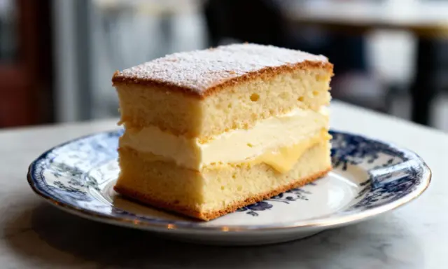Tranche de gâteau moelleux, garnie d'une généreuse crème pâtissière et saupoudrée de sucre glace. Un délice !