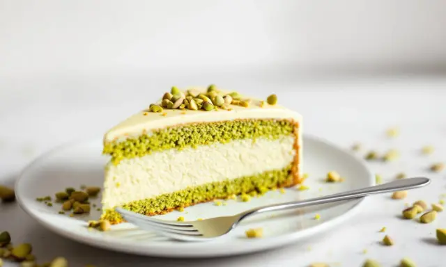 Tranche de gâteau végétalien à la pistache, garnie de pistaches concassées. Une délicieuse pâtisserie vegan.