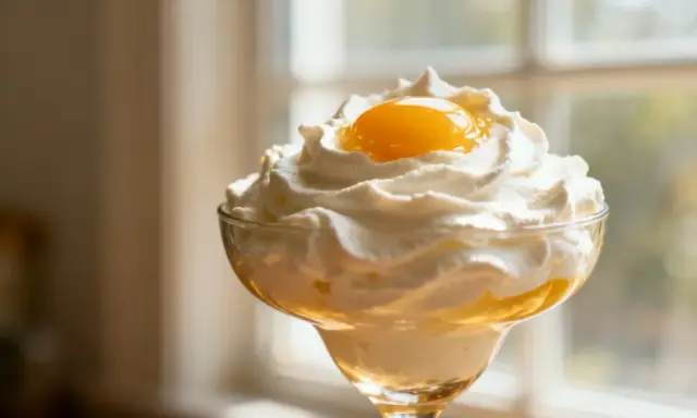 Un dessert aérien dans un verre, couronné d'une généreuse crème fouettée épaisse et d'une touche de jaune d'œuf.