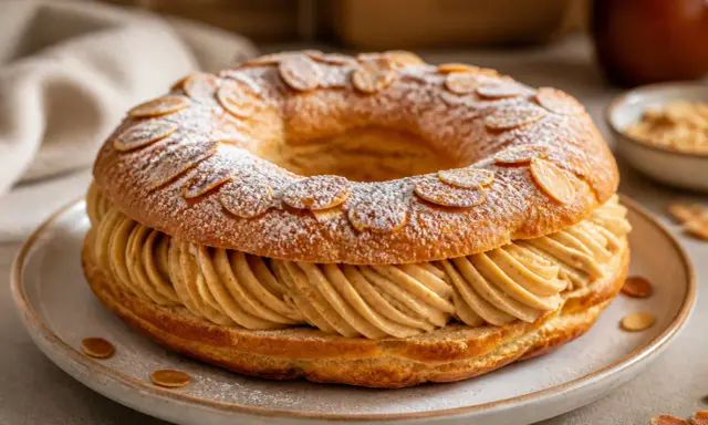 Un Paris-Brest, rond et généreux, garni de crème pralinée, saupoudré de sucre glace et d'amandes effilées. Une invitation à la gourmandise.