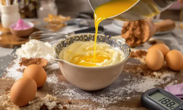 Préparation d'une pâte à bombe : du beurre fondu est versé dans un bol de crème, entouré d'œufs, de farine et de cacao.