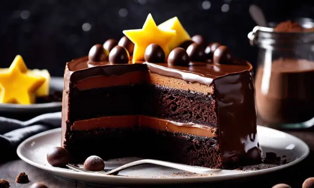 Un gâteau au chocolat moelleux et facile, avec des couches de ganache et décoré de boules de chocolat et d'étoiles jaunes.