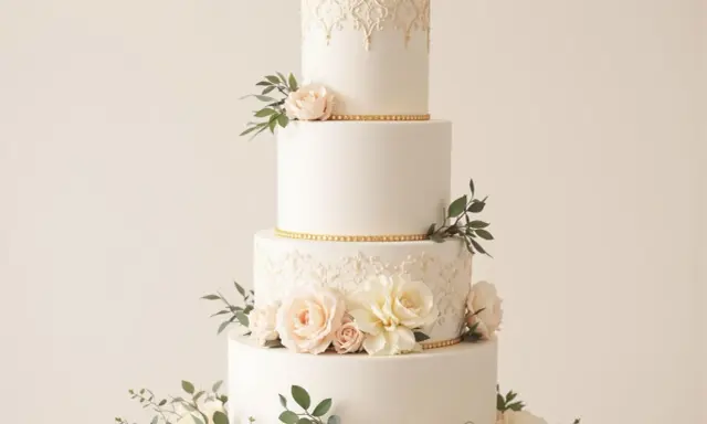 Magnifique gâteau de mariage à quatre étages, décoré de roses pâles, de feuillage et de dentelle dorée. Une inspiration pour toute recette de wedding cake.