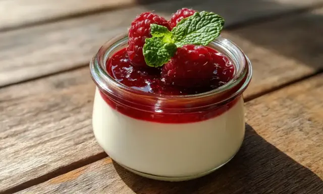 Panna cotta crémeuse dans un pot en verre, garnie de framboises fraîches, de coulis de fruits rouges et d'une feuille de menthe.