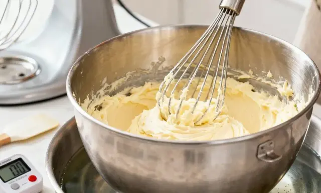 Un batteur électrique fouette une crème au beurre onctueuse dans un bol en acier inoxydable au-dessus d'un bain-marie.