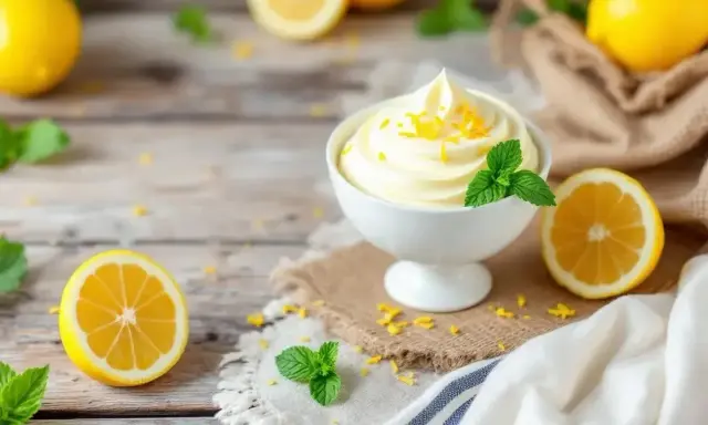 Délicieuse recette mousse au citron sans mascarpone, garnie de zestes et de menthe fraîche, sur fond de bois rustique.