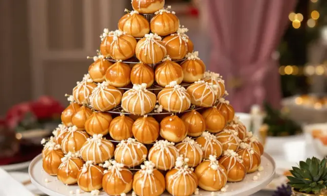 Magnifique pièce montée de choux glacés au caramel, décorés de fils blancs et de petites perles. Un délice visuel et gustatif !
