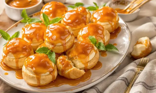 Douceurs aériennes garnies de crème et nappées d'un généreux caramel pour choux, décorées de feuilles de menthe.