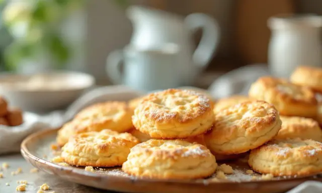 Gros plan sur des sablés bretons moelleux saupoudrés de sucre glace sur une assiette.
