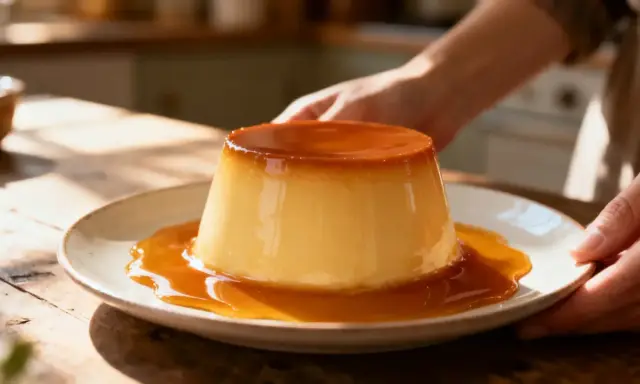 Un délice doré et onctueux, la vraie crème caramel coule sur une assiette rustique, baignée de soleil.