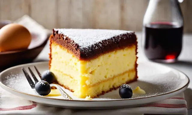 Tranche de gâteau génoise légère, garnie de chocolat et saupoudrée de sucre glace, accompagnée de baies et d'une touche de crème.