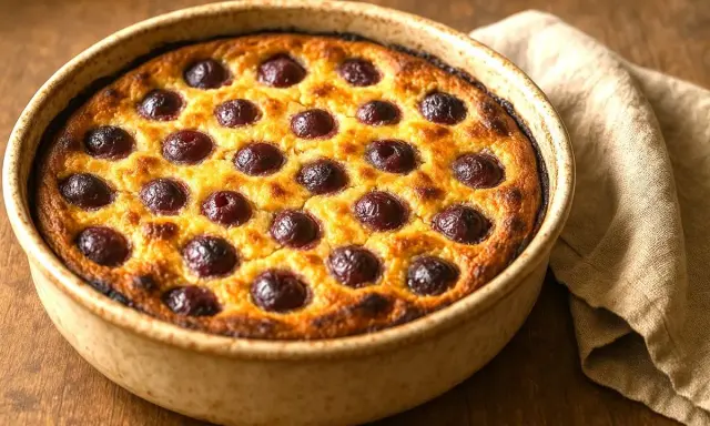 Un clafoutis aux cerises moelleux, doré et gourmand, prêt à être dégusté. Une recette simple pour un dessert parfait.