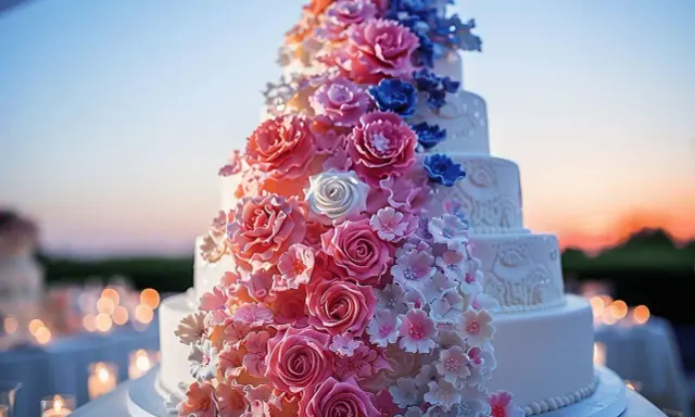 Un magnifique gâteau à étages orné de roses et de fleurs roses, bleues et blanches. Une recette gâteau original pour un événement spécial.