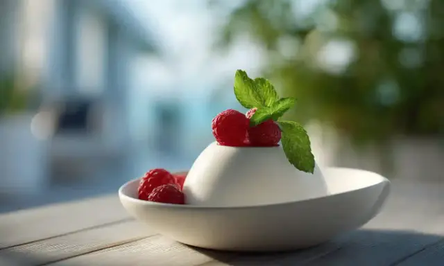 Délicieux panna cotta au lait sans crème, garni de framboises fraîches et d'une feuille de menthe, servi dans un bol blanc sur une table en bois.