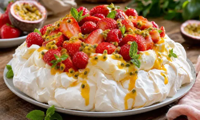 Pavlova aux fruits rouges et fruits de la passion, une recette estivale parfaite.