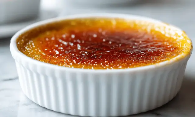 Crème brûlée dans un ramequin blanc, sa croûte caramélisée brillante témoigne d'une cuisson parfaite.