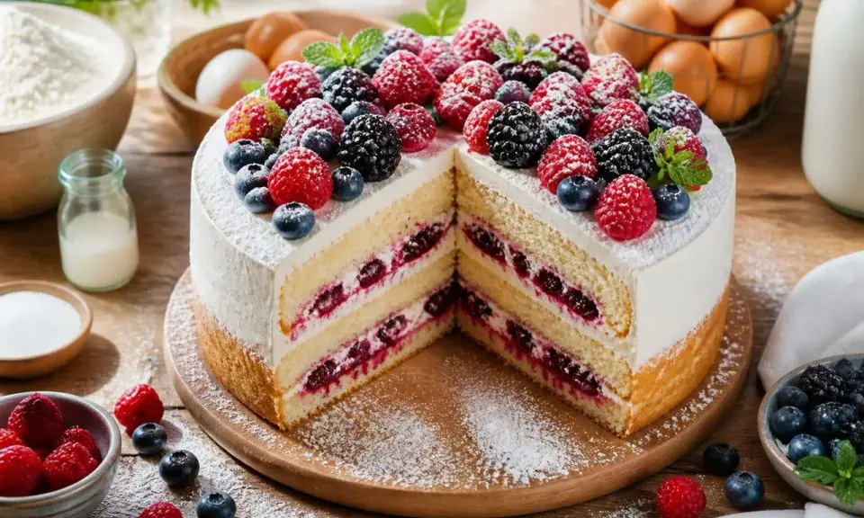 Gâteau à étages décoré de fruits rouges frais, avec des couches de crème et de confiture de baies.